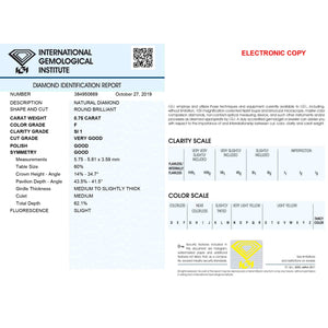 0.75 Carat F Color SI1 Clarity IGI Certified Natural Round Brilliant Cut Diamond