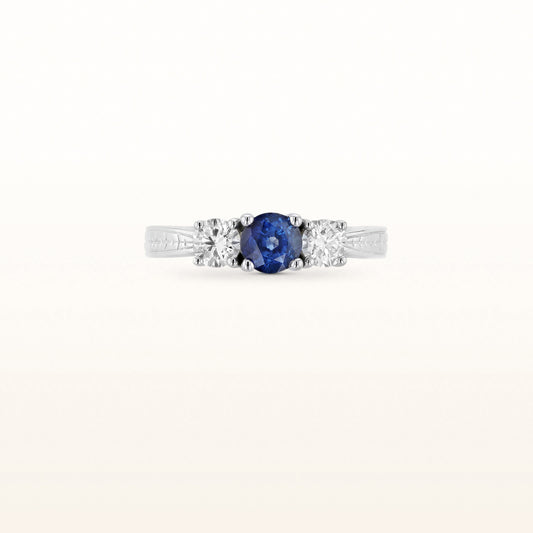 3-Stone Blue Sapphire and Diamond Engraved Ring in 14kt White Gold
