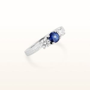 3-Stone Blue Sapphire and Diamond Engraved Ring in 14kt White Gold