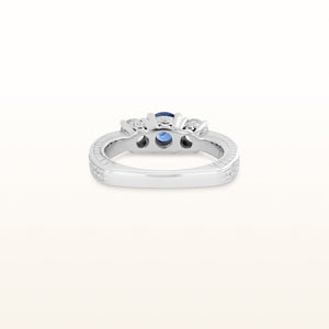 3-Stone Blue Sapphire and Diamond Engraved Ring in 14kt White Gold