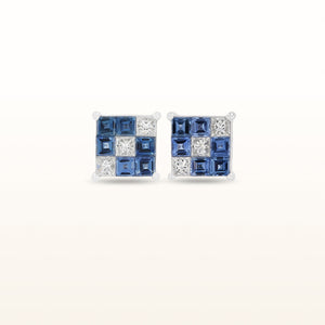 Square Blue Sapphire and Diamond Earrings in 18kt White Gold