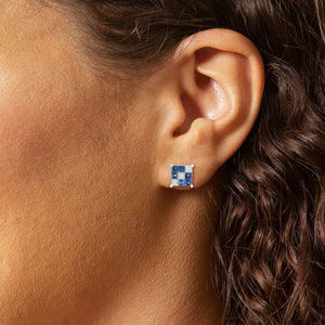 Square Blue Sapphire and Diamond Earrings in 18kt White Gold