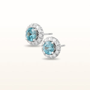Blue Zircon and Diamond Halo Earrings in 14kt White Gold