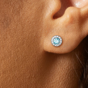 Blue Zircon and Diamond Halo Earrings in 14kt White Gold