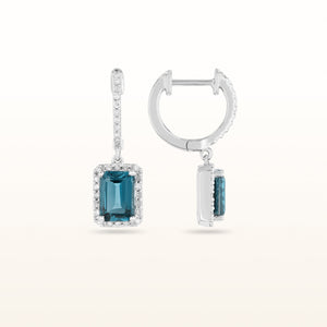 London Blue Topaz with Diamond Halo Dangle Earrings in 14kt White Gold
