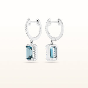London Blue Topaz with Diamond Halo Dangle Earrings in 14kt White Gold