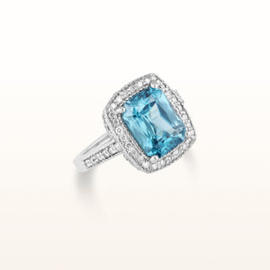 Radiant Cut Blue Zircon and Diamond Halo Ring in 18kt White Gold
