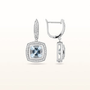Aquamarine and Diamond Halo Drop Earrings in 14kt White Gold