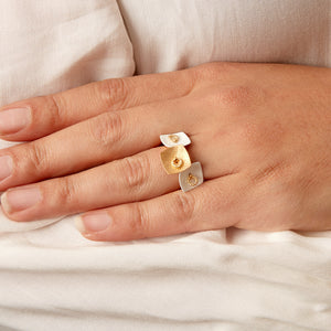 Yellow Gold Plated 925 Sterling Silver and White Enamel 3-Square Ring