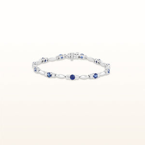 Round Blue Sapphire and Diamond 3-Stone Marquise Link Bracelet in 14kt White Gold