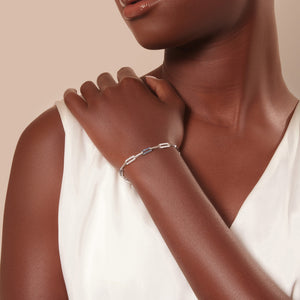Blue Sapphire and Diamond Rectangular Link Bracelet in 14kt White Gold