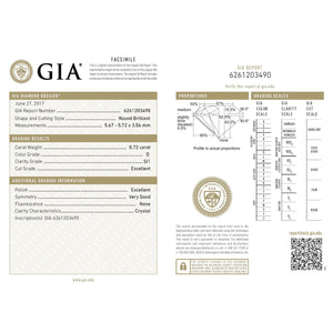 0.72 Carat D Color SI1 Clarity GIA Certified Natural Round Brilliant Cut Diamond