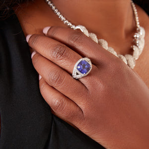 Cushion Cut Tanzanite and Diamond Halo Ring in 18kt White Gold
