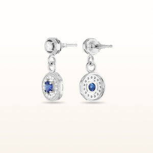 Round Sapphire and Diamond Halo Dangle Earrings in 14kt White Gold