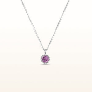 Round Pink Sapphire and Diamond Halo Pendant in 14kt White Gold