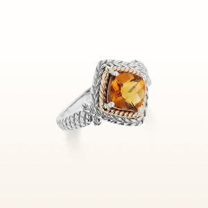 Cushion Cut Citrine Rope Style Ring in Sterling Silver with 14kt Yellow Gold Accents