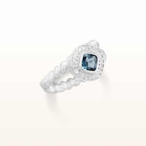 Kite-Set Cushion Cut Gemstone Rope Style Ring with Diamond Halo in 925 Sterling Silver