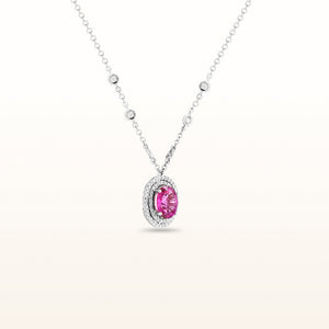Oval Pink Tourmaline and Diamond Double Halo Pendant in 14kt White Gold