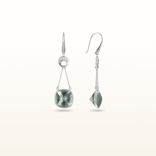 Cushion Cut Prasiolite and Diamond Dangle Earrings in 14kt White Gold