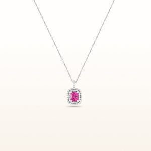 Rectangular Cushion Cut Pink Spinel and Double Diamond Halo Pendant in 14kt White Gold