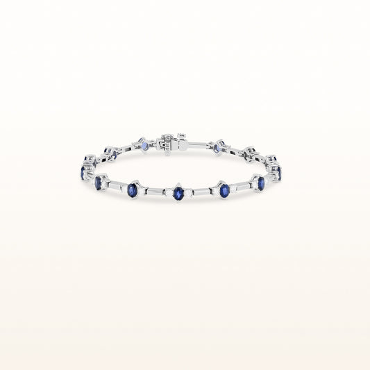 4 3/8 ctw Oval Blue Sapphire and Round Diamond Bar Link Bracelet in 14kt White Gold