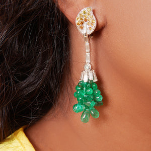 LeoDaniels Signature Diamond Leaf Earrings with Emerald Drops in 18kt White Gold
