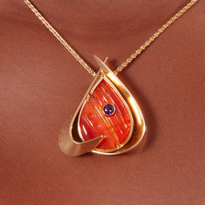 Mexican Fire Opal Pendant with Inlaid Purple Amethyst in 14kt Yellow Gold