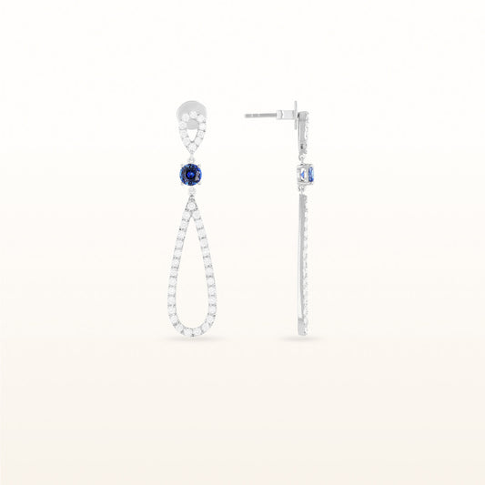 Round Blue Sapphire and Diamond Teardrop Dangle Earrings in 14kt White Gold