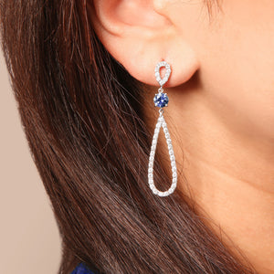 Round Blue Sapphire and Diamond Teardrop Dangle Earrings in 14kt White Gold