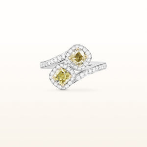 1.98 ctw Cushion Cut Yellow Diamond Halo Bypass Ring in 18kt White Gold