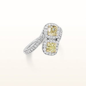 1.98 ctw Cushion Cut Yellow Diamond Halo Bypass Ring in 18kt White Gold