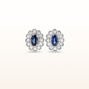 Oval Blue Sapphire and Diamond Halo Earrings in 14kt White Gold