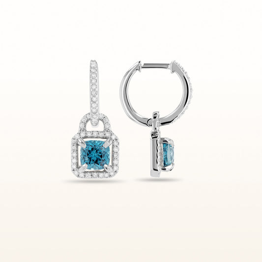 Cushion Cut Blue Zircon and Diamond Drop Earrings in 14kt White Gold