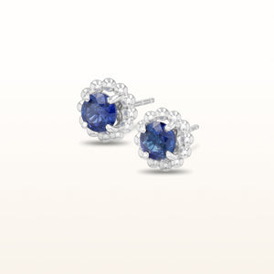 0.60 ctw Round Blue Sapphire Beaded Halo Earrings in 14kt White Gold