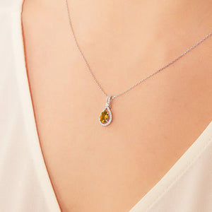 Oval Citrine and White Sapphire Teardrop Pendant in 925 Sterling Silver