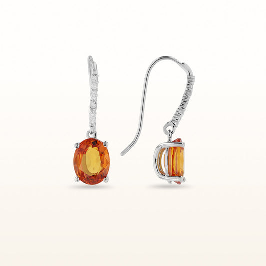 Oval Orange Sapphire and Diamond Drop Earrings in 14kt White Gold