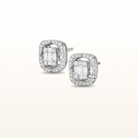Baguette and Round Diamond Halo Earrings in 18kt White Gold