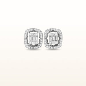Baguette and Round Diamond Halo Earrings in 18kt White Gold