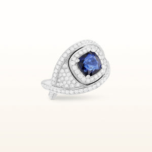 4.47 ctw Cushion Cut Blue Sapphire and Pavé Diamond Twist Statement Ring in 18kt White Gold