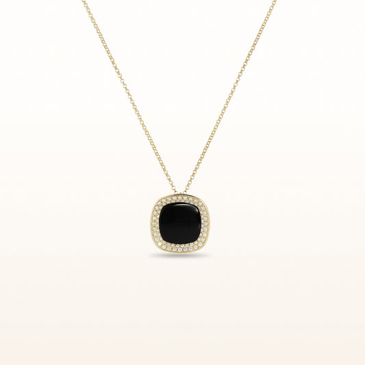 Cushion Black Onyx and Diamond Halo Pendant in 14kt Yellow Gold