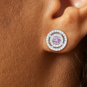 Round Pink Sapphire and Diamond Double Halo Earrings in 14kt White Gold