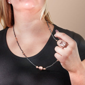 Diamond Cut Blackened Sterling Silver Beaded Necklace with Rose Gold Plated Accents