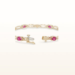 Oval Ruby Open Bar Link Bracelet with Diamond Accents in 14kt Yellow Gold