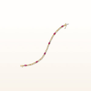 Oval Ruby Open Bar Link Bracelet with Diamond Accents in 14kt Yellow Gold