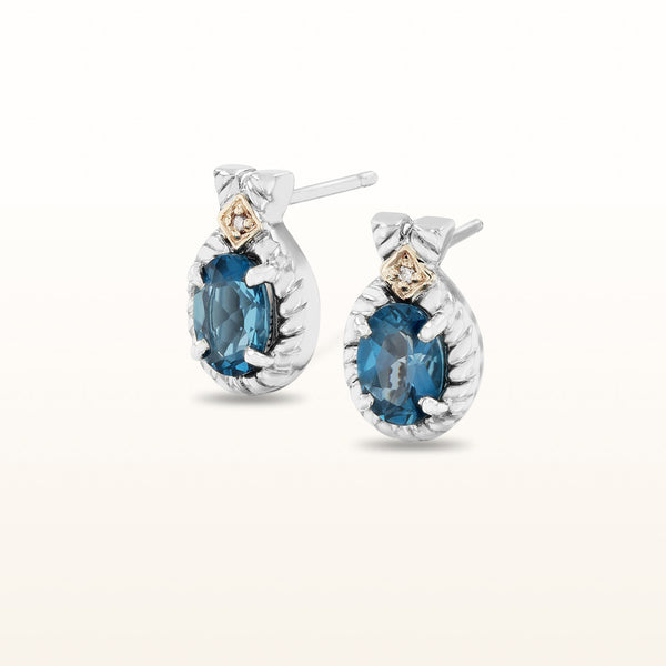Oval Gemstone and Diamond Earrings in 925 Sterling Silver with 14kt Yellow Gold Accents
