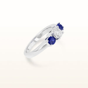 Round Diamond and Blue Sapphire Three-Stone Ring in 14kt White Gold