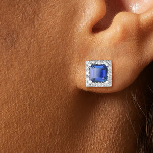 Asscher Cut Blue Sapphire and Diamond Square Halo Earrings in 14kt White Gold