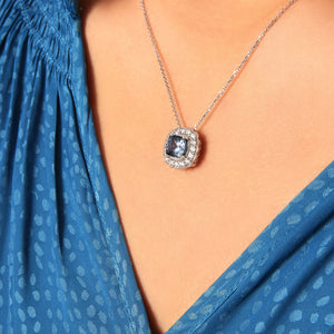 Signature Cushion Cut Blue Spinel and Diamond Halo Pendant in 14kt White Gold