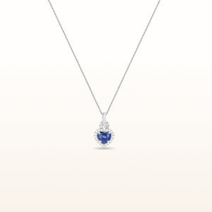 Blue Sapphire and Diamond Halo Heart Pendant in 14kt White Gold