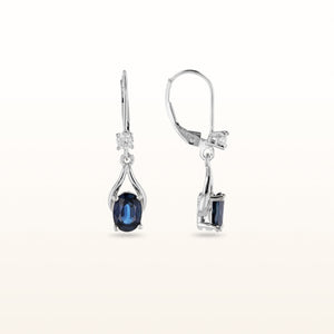 Oval Blue Sapphire Wishbone Dangle Earrings with Diamonds in 14kt White Gold